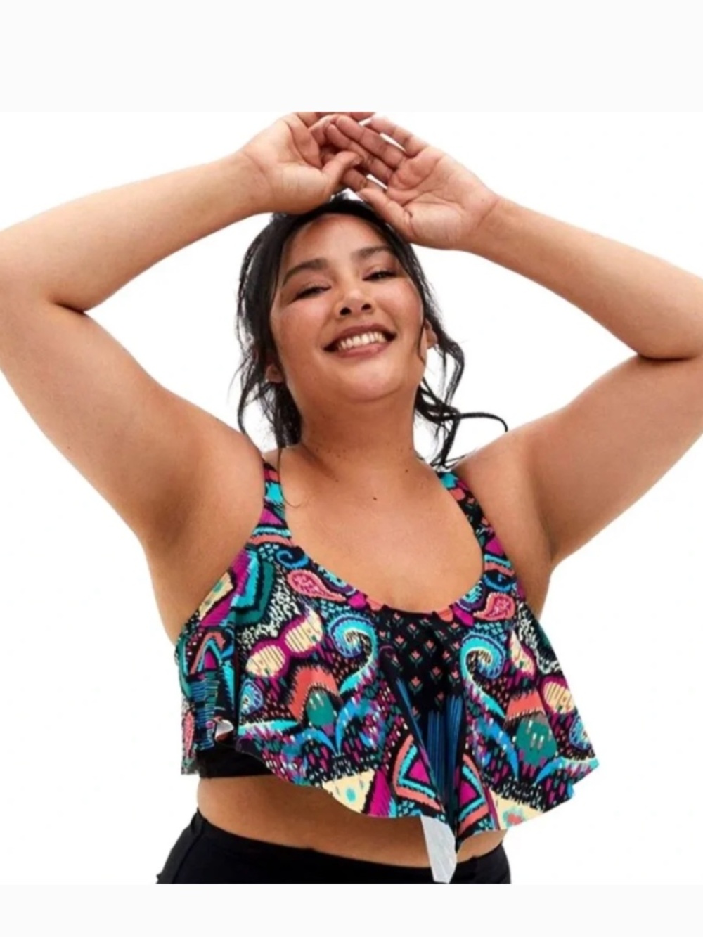 Torrid Multi Ikat Geo V-Flounce  Swim Bikini Top size 1